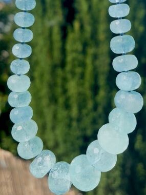 Faceted & Graduated 20” Aquamarine Necklace Stung on Silk
